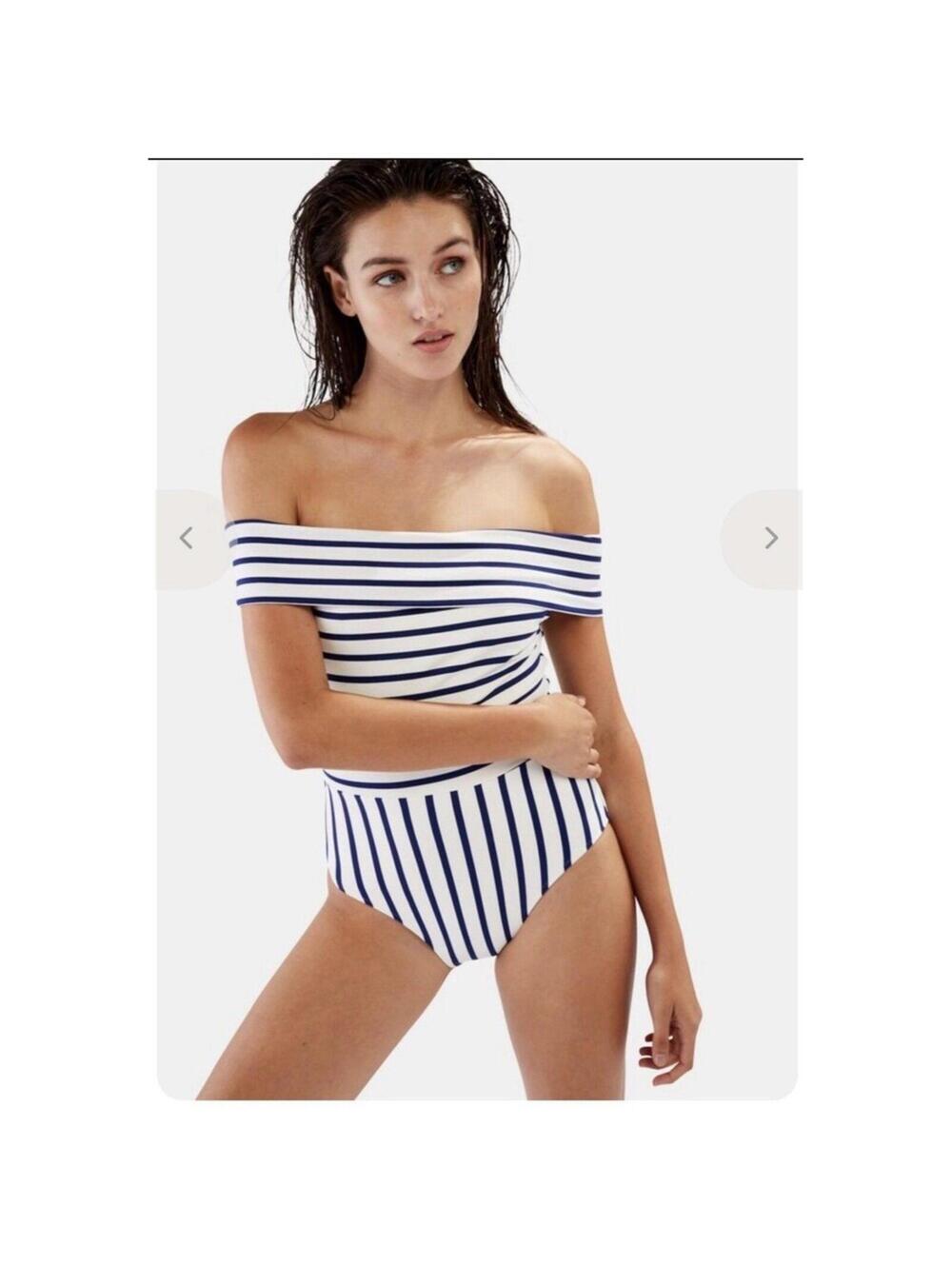 Solid & Striped The Vera Off-The-Shoulder Striped Swimsuit White Navy Blue XS